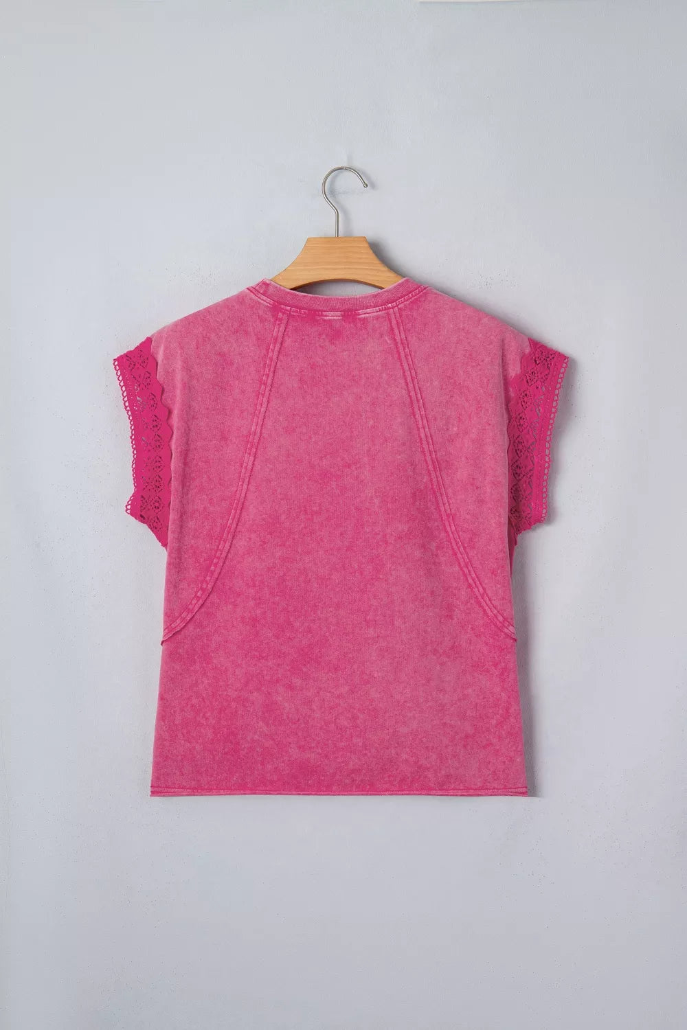 Pink mineral wash t-shirt with cap sleeves and lace trim detail