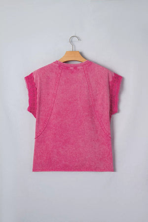 Pink mineral wash t-shirt with cap sleeves and lace trim detail