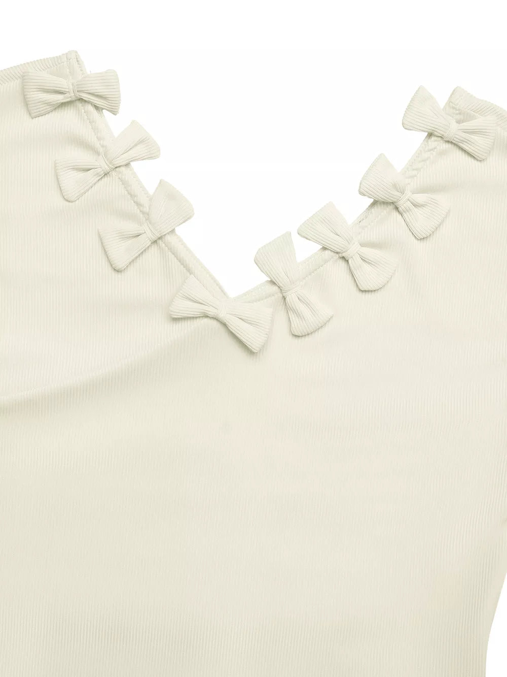 Ribbed knit V-neck t-shirt in cream with decorative bow details along the neckline.