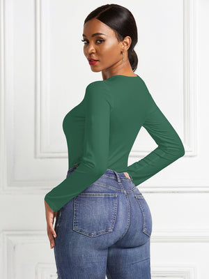 Dark Green long sleeve ribbed jersey bodysuit with a crew neck.