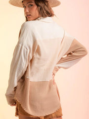 Colorblock gauze shirt jacket in cream, apricot, and tan with frayed hem and buttoned cuffs.