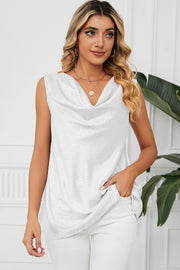 White jacquard drape neck tank top with a subtle animal print pattern.