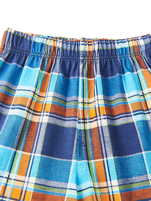 Blue plaid cotton pajama shorts with elastic waistband
