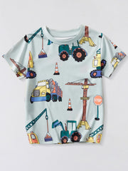 Light blue crew neck t-shirt with allover construction vehicle print