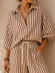 Striped Puff Sleeve Shirt And Wide-leg Pants Set in Khaki, side view