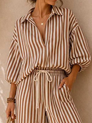Striped Puff Sleeve Shirt And Wide-leg Pants Set in Khaki, side view