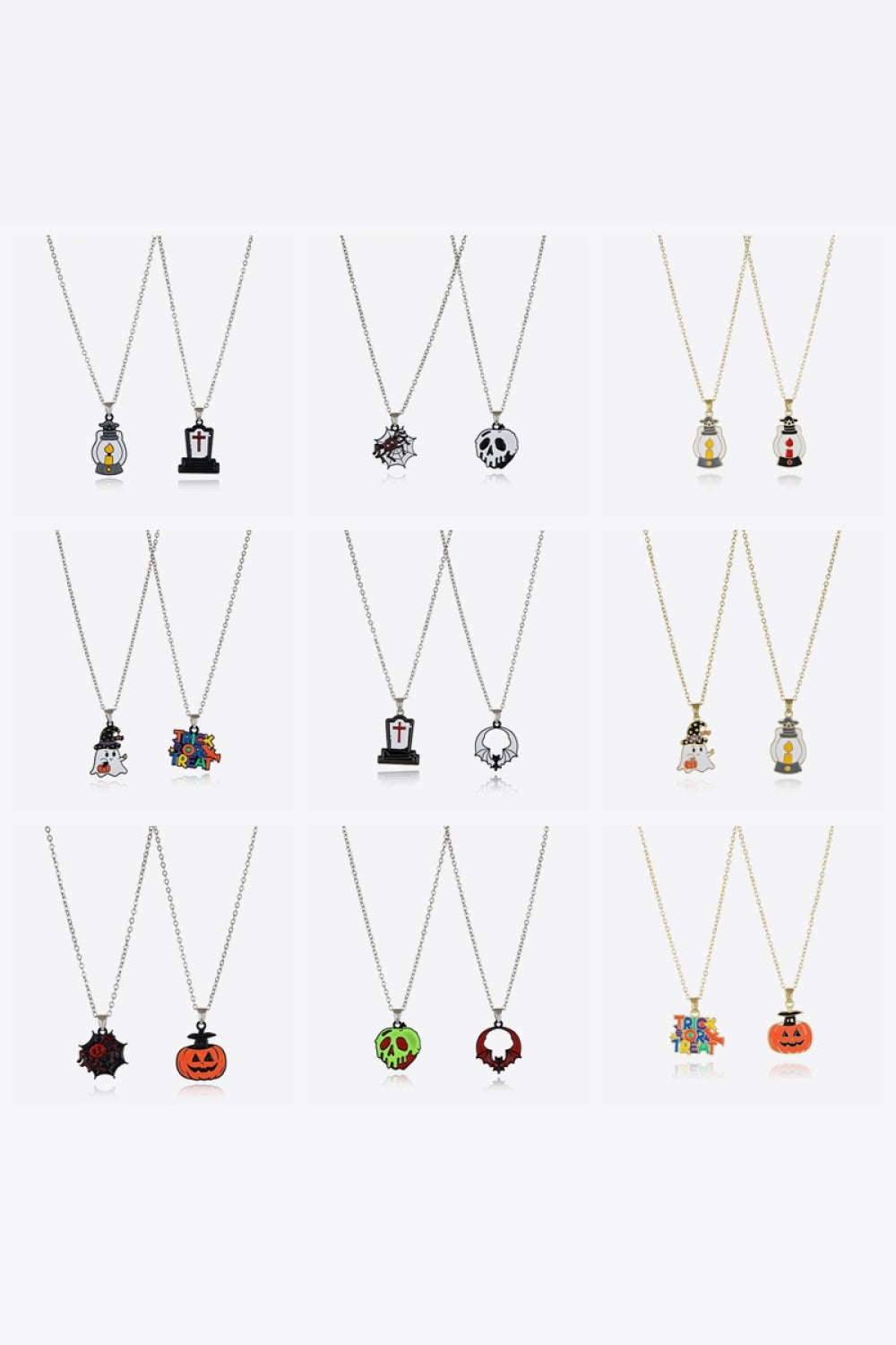 Spooky Season Enamel Pendant Set necklaces with Halloween charms like pumpkins, ghosts, and skulls.