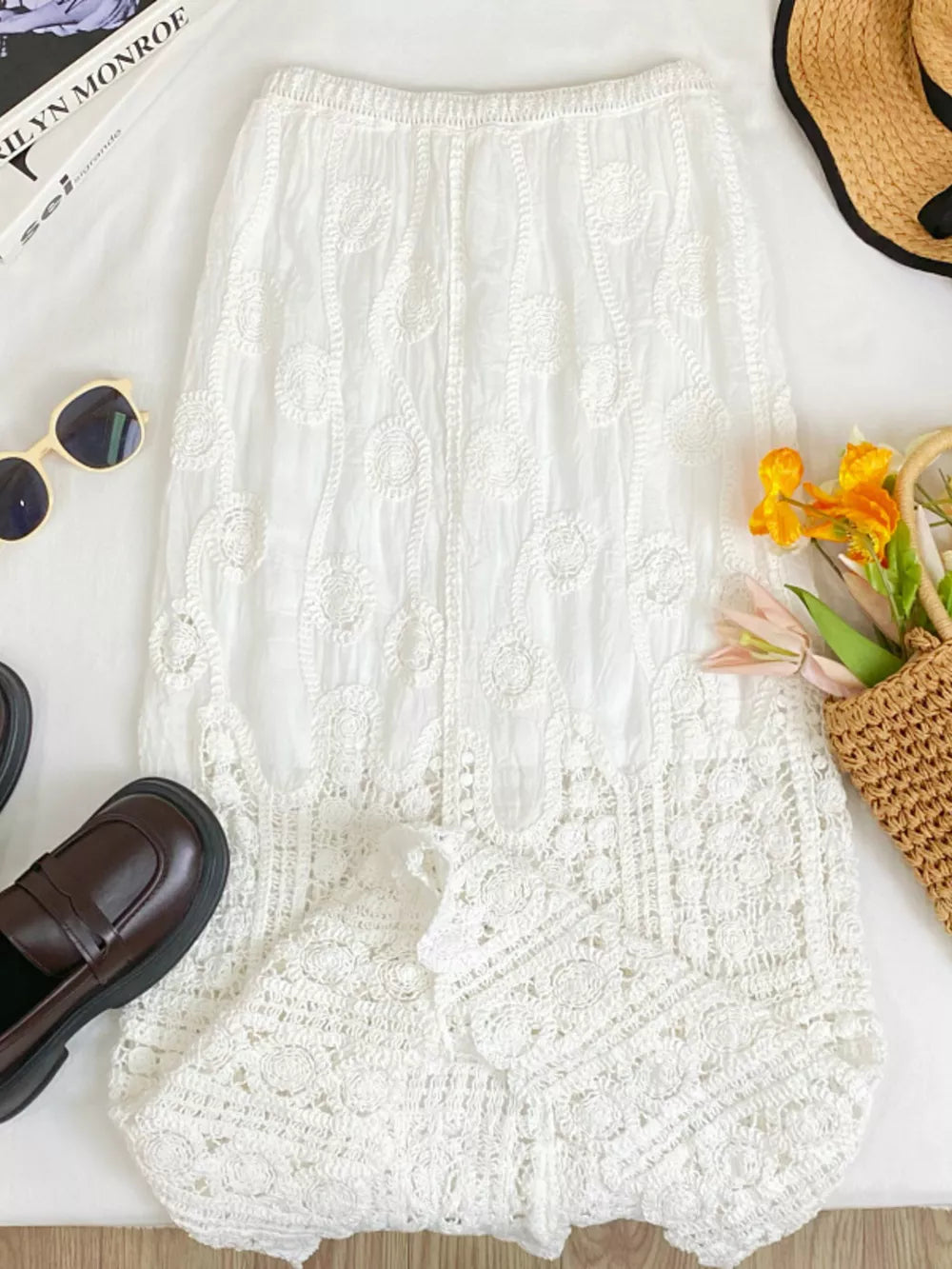 White lace midi skirt with crochet detail and elastic waist
