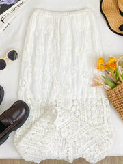 White lace midi skirt with crochet detail and elastic waist