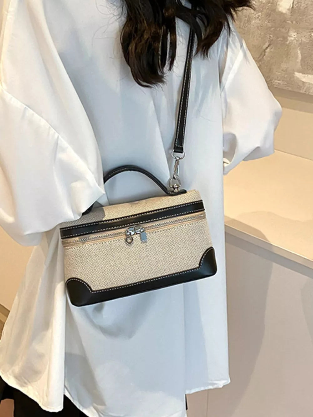 Top Handle Detachable Strap Mini Handbag in Black, side view