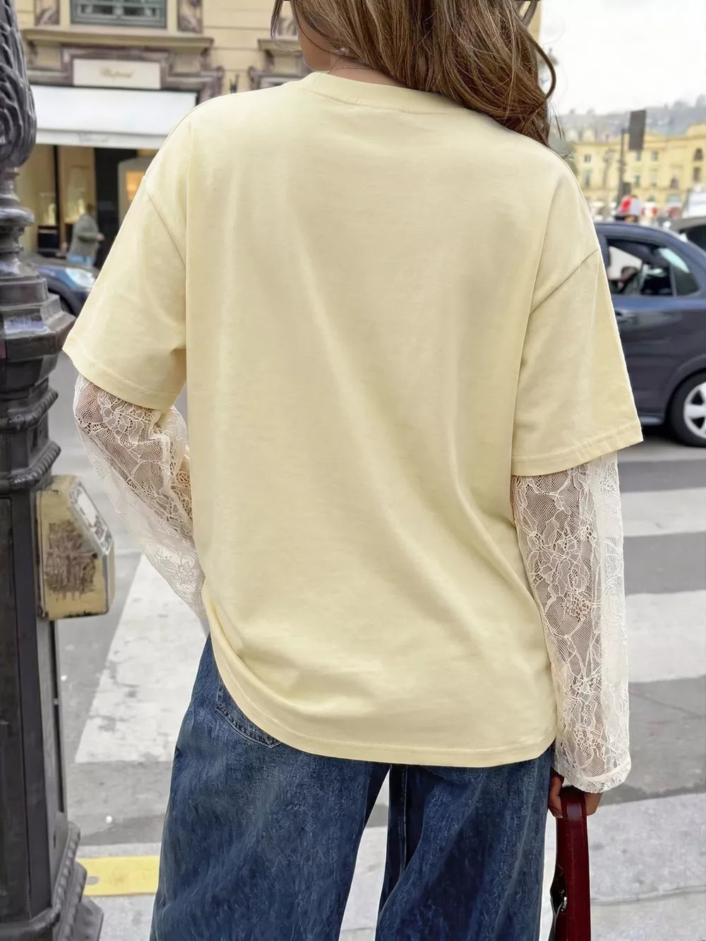 Lace Sleeve Round Neck T-shirt in Yellow, back view