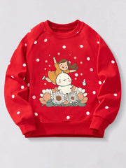 Red polka dot kids sweatshirt with cartoon girl and bunny graphic