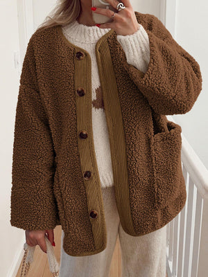 Brown teddy-texture button-up jacket with corduroy trim and pockets.