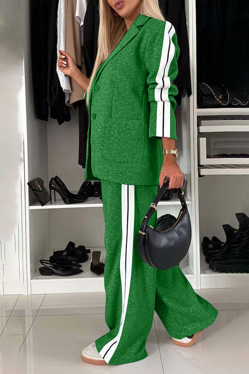 Green track stripe blazer and trouser set with white side stripes.