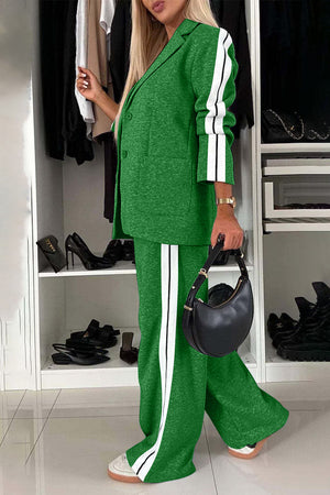 Green track stripe blazer and trouser set with white side stripes.