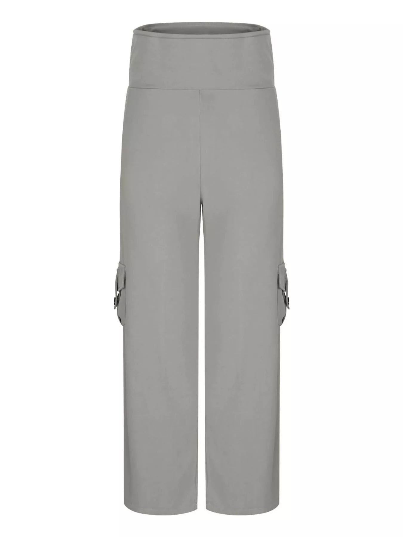 Gray pocketed high-waisted yoga pants with a flared silhouette
