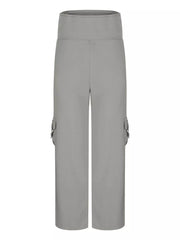 Gray pocketed high-waisted yoga pants with a flared silhouette