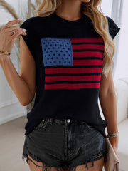 Black knit vest with American flag detail, crew neck, sleeveless, casual style