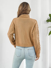 Caramel cable knit cropped turtleneck sweater with braided sleeves