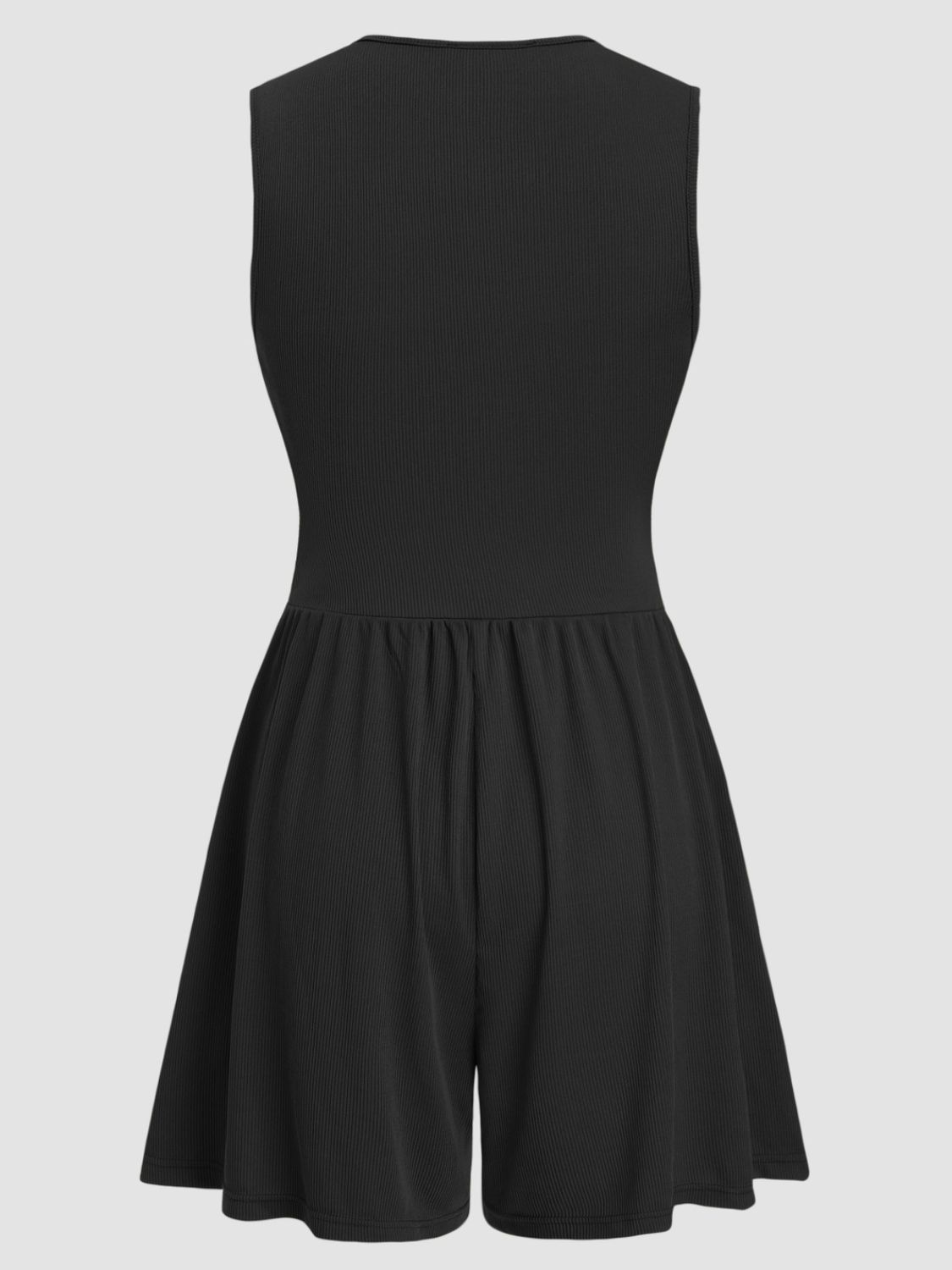 Black ribbed plunge romper with a gathered waist and flared shorts.