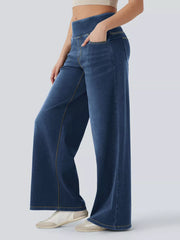 Maternity wide-leg jeans in dark blue denim with yellow stitching and a comfortable high waist.
