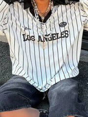 Los Angeles striped long-sleeve t-shirt with a black collar and "Los Angeles" graphic.