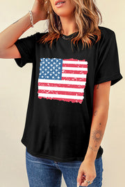 Black cotton t-shirt with a distressed American flag graphic and torn edges.