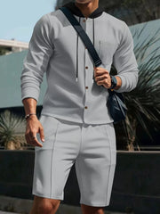 Men's Casual Hooded Button-up Shirt And Shorts Set, fit detail