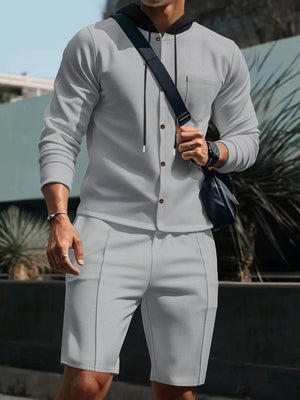Men's Casual Hooded Button-up Shirt And Shorts Set, fit detail