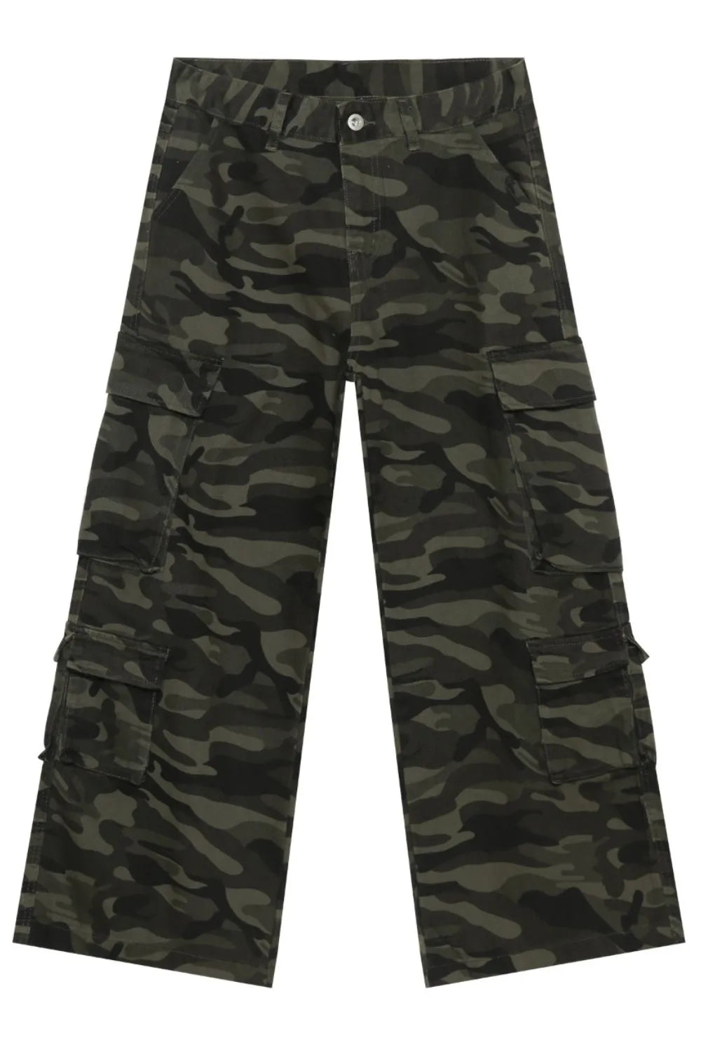 Wide-leg camo cargo pants in black with multiple pockets and drawstring detail.