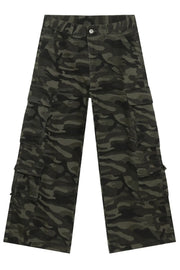 Wide-leg camo cargo pants in black with multiple pockets and drawstring detail.