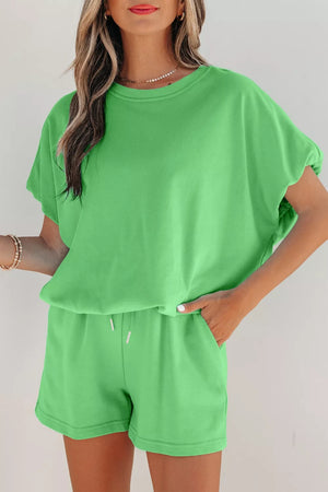 Green cotton drawstring two-piece outfit set with crewneck top and shorts