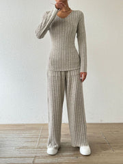 Dust Storm ribbed knit loungewear set with V-neck top and wide-leg pants.