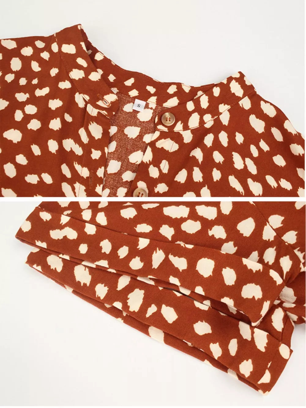Orange animal print midi dress with button-down detail and tied waist
