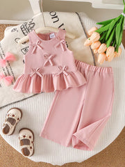 Children's Ruffled Hem Tank And Pants Set in Pink, front view