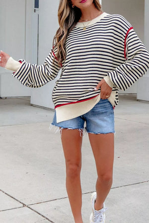 Stripe Ribbed Trim Drop Shoulder Oversized Sweater in Stripe, alternate angle