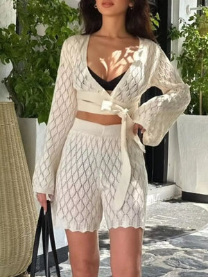 Openwork Long Sleeve Top And Shorts Set in Black, back view