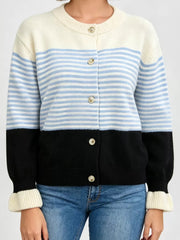 Blue cardigan with hip-length and button-front