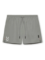 Gray performance jogger shorts with drawcord and logo detail