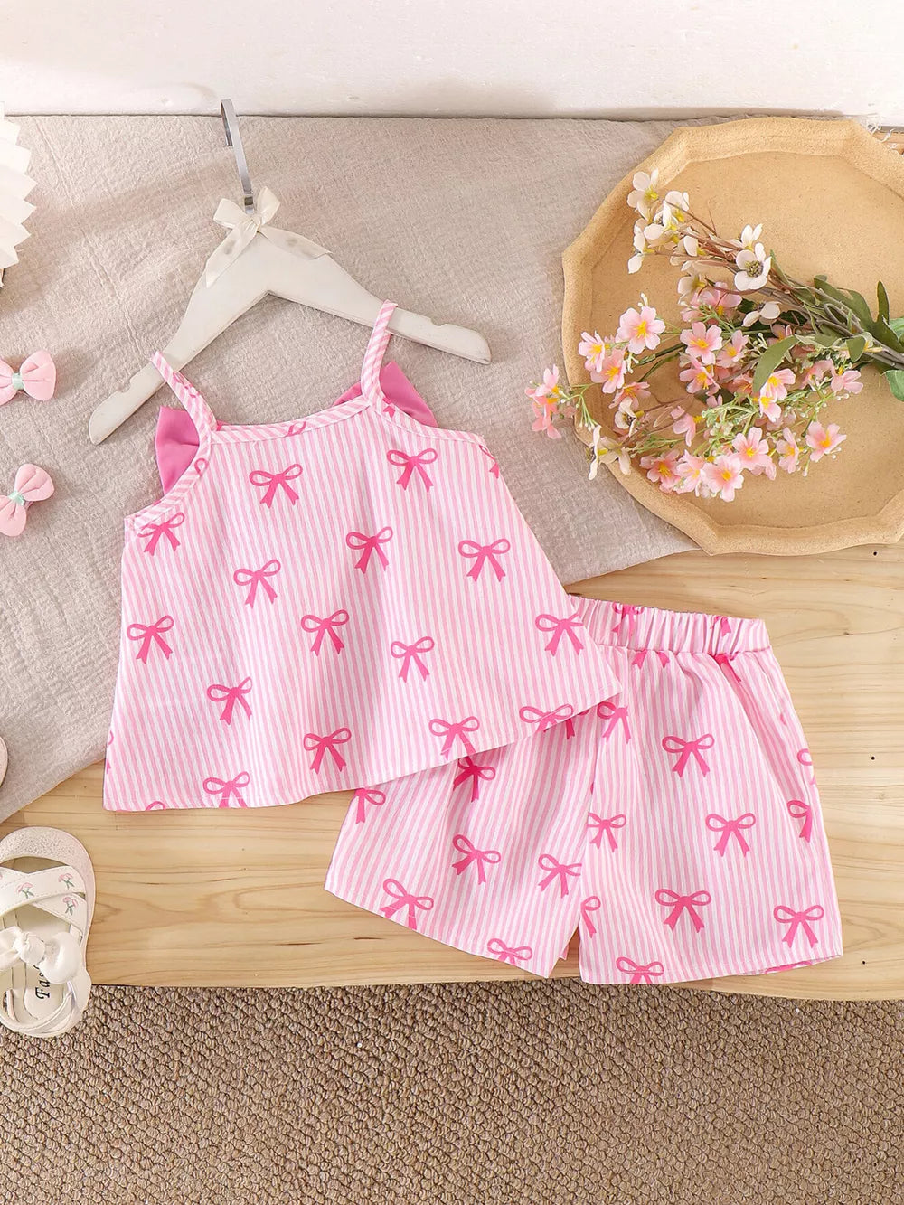 Children's Striped Bow Cami And Shorts Set in Pink, back view