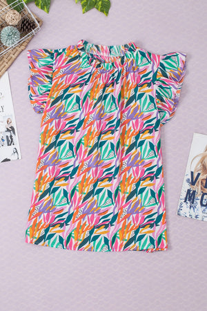 Multicolor leaf print blouse with ruffled collar and short flutter sleeves.