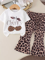 Children's Cherry Leopard Tee And Flare Pants Set in White, front view