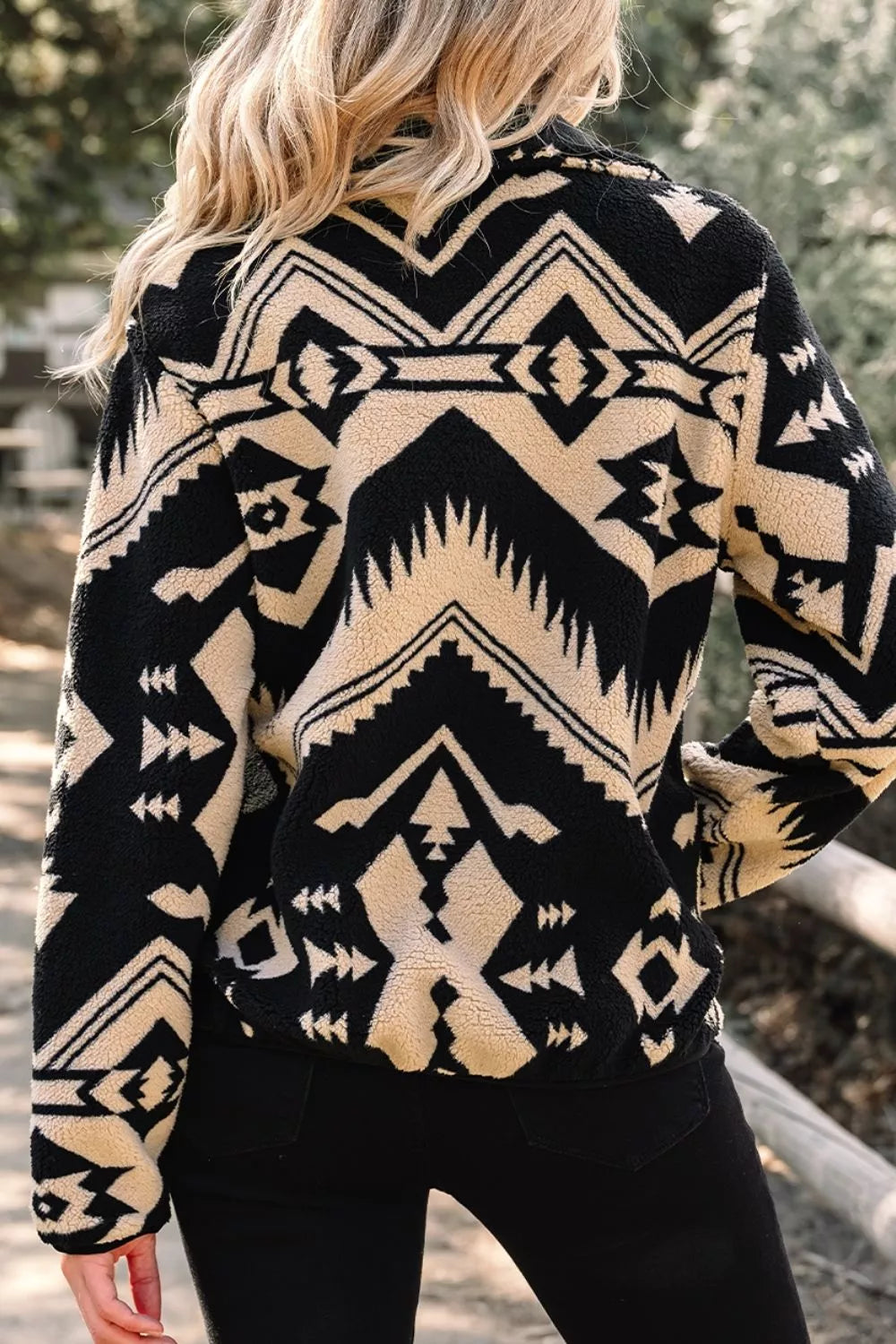 Aztec Print Fleece Snap Down Sweatshirt in Black, close-up detail