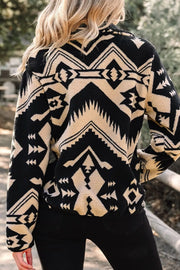 Aztec Print Fleece Snap Down Sweatshirt in Black, close-up detail