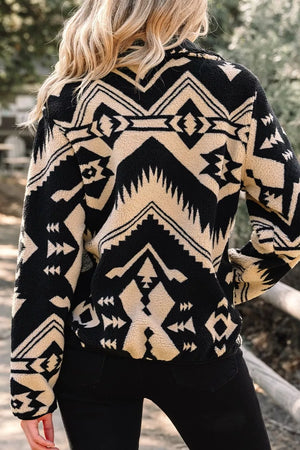 Aztec Print Fleece Snap Down Sweatshirt in Black, close-up detail