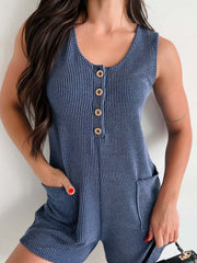Textured indigo button-down pocket romper with gold buttons and scoop neck.