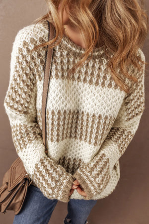 Textured knit sweater in taupe and cream with a striped pattern and crew neck.