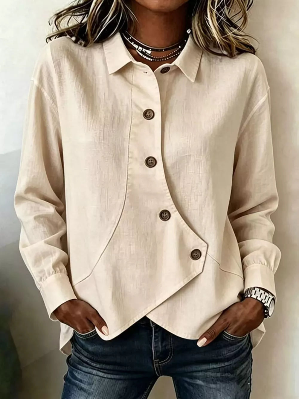 Full Size Asymmetrical Button Down Shirt in White, model styling view