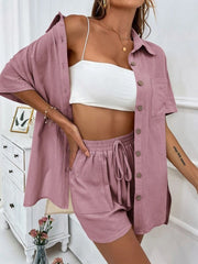 Pink linen shirt and shorts set with button front and drawstring waist