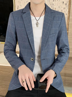Light blue plaid sport jacket for men, button-down with notched lapels.